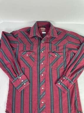 Wrangler Western Pearl Snap Striped Shirt Burgundy Maroon Size M
